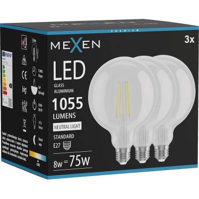 Mexen Vintis 3x LED филаментна крушка E27, G125, 8W, Неутрална - 4000K, 1055 lm, прозрачна (L158-E27-0840-00x03)