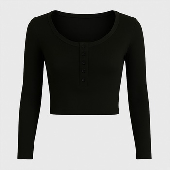 I Saw It First Фланелка с дълъг ръкав I Saw It First Rib Button Long Sleeve Top - Black