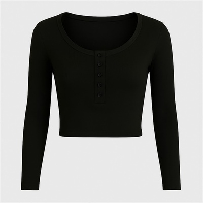 I Saw It First Фланелка с дълъг ръкав I Saw It First Rib Button Long Sleeve Top - Black