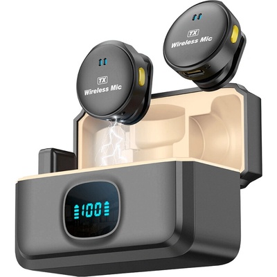 Techsuit - 2 balení Lavalier Wireless LW5 - s přijímačem, Lightning, redukcí šumu 2.0, digitálním displejem - černý
