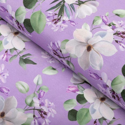 Dekorační látka PML-044 Květy magnolie na fialovém - šířka 150 cm