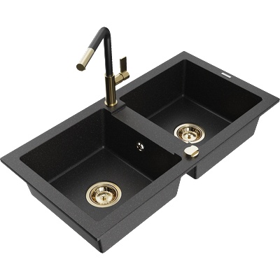 Mexen Mario двоен мивка от гранит с кухненски кран Flora, черен/сребърен металик - 6504-73-670401-57-G (6504-73-670401-57-G)