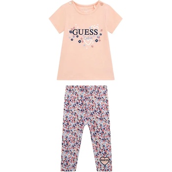 Guess Розова тениска с цветен надпис и клин на цветя за бебе момиче Guess