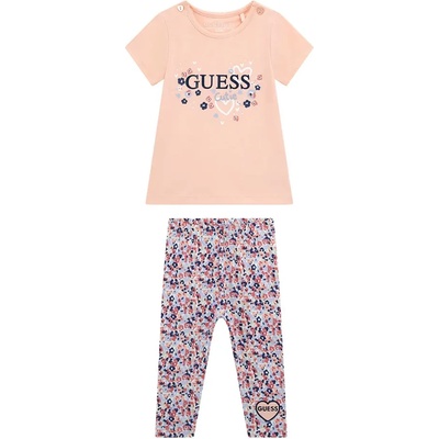Guess Розова тениска с цветен надпис и клин на цветя за бебе момиче Guess