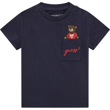 GUESS Тъмно синя тениска с къс ръкав за бебе момче с джоб и бродирано мече Guess