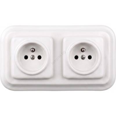 Elhard - Двойна керамична ретро розетка за дома с рамка, 230V, бяла (EF0016A)