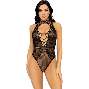 Image 1 of Leg Avenue Net and Lace Keyhole Bodysuit Black