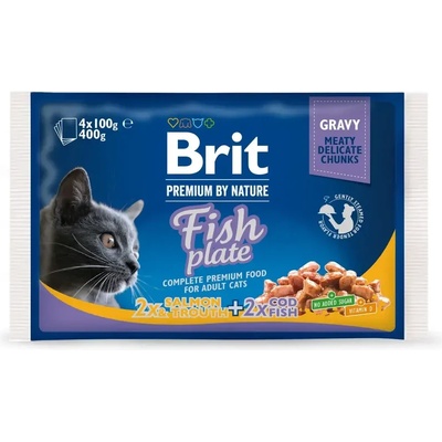 Brit Premium Cat Pouches Fish Plate паучове за котка хапки със сьомга и риба треска в сос грейви 4 x 100gr