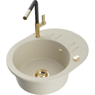 Mexen Kevin мивка от гранит с 1 камера с отцедник и кухненски смесител Flora, бежов - 6517-69-670401-57-G (6517-69-670401-57-G)