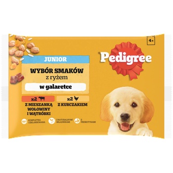 Image 1 of PEDIGREE Junior пакетчета 4x100 g - Избор от вкусове с ориз в желе, пълноценна мокра храна за растящи кучета (парченца с високо съдържание на пилешко месо и парченца с високо съдържание на говеждо месо и черен дроб)