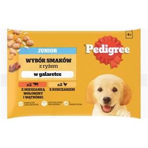 PEDIGREE Junior пакетчета 4x100 g - Избор от вкусове с ориз в желе, пълноценна мокра храна за растящи кучета (парченца с високо съдържание на пилешко месо и парченца с високо съдържание на говеждо месо и черен