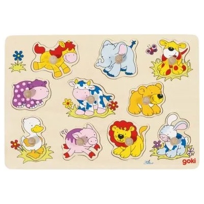 Goki - Дървен пъзел с дръжки - Бебета животни (57838)