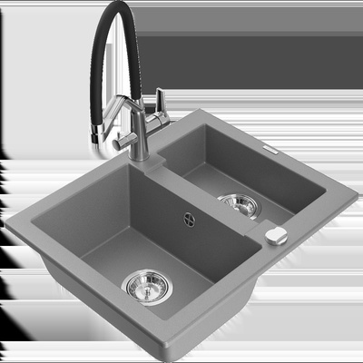Carlos гранитна мивка с 1, 5 камери и кухненски смесител Duo, сив - 6518-71-671701-07 (6518-71-671701-07)