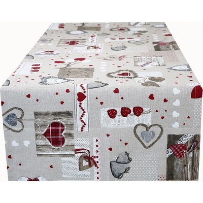 MADE IN ITALY Behúň na stôl béžový s červenými srdiečkami 50x150 cm