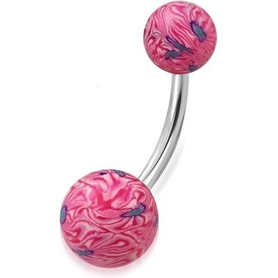 Šperky eshop piercing do pupíku růžovo-bílé kuličky fiMO s abstraktním motivem X18.07