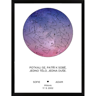 Plakát s hvězdnou oblohou - fialovo bílý Rozměr plakátu: A3 (29,7 x 42 cm), Rámeček: Černý rámeček, Počet osob, Text: 2 osoby vlastní text