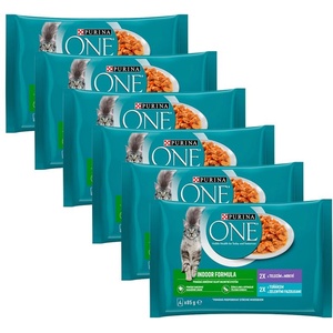 PURINA ONE INDOOR с риба тон и зелени фасул в сос, с телешко и морков в сос, 24 x 85 г