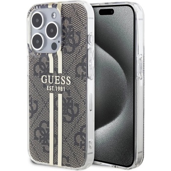 GUESS IML 4G Gold Stripe Case - дизайнерски силиконов кейс за iPhone 15 Pro Max (кафяв)