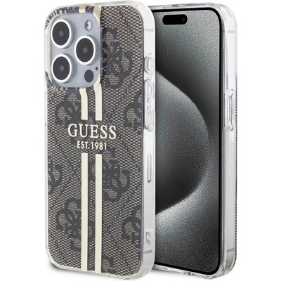 GUESS IML 4G Gold Stripe Case - дизайнерски силиконов кейс за iPhone 15 Pro Max (кафяв)