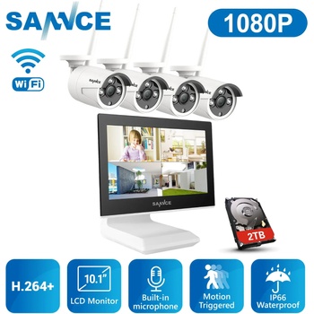 Sannce 4ch безжичен 1080p nvr комплект fhd 10.1" lcd монитор Сигурност 2mp wifi cctv камера Вграден микрофон