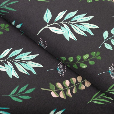 Bavlněná látka/plátno Sandra SA-556 Větvičky s lístky na černém - šířka 160 cm
