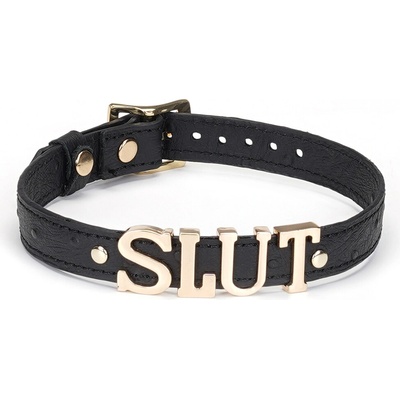 Liebe Seele Demons Kiss Black Leather Choker, kožený choker s písmenami slut