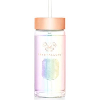 CRYSTALLOVE Skleněná lahvička na vodu s křišťálem horským a brčkem 400ml-hol