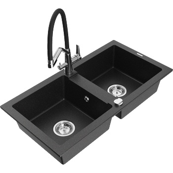 Mexen Mario гранитна мивка с 2 камери с кухненски смесител Duo, черен/сребърен металик - 6504-73-671701-07 (6504-73-671701-07)