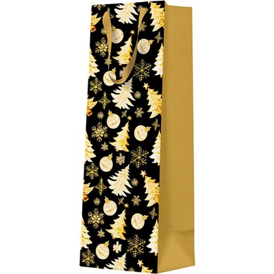Darčeková taška na fľašu - Golden christmas trees black 12 x 10 x 37 cm
