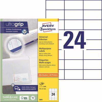 Avery Zweckform Etikety 100 listů A4 bílé 70 x 37 mm univerzální 3474