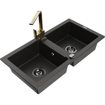 Mexen Mario Гранитна мивка с 2 камери с кухненски смесител Rita, черно/златен металик - 6504-75-670300-50-B (6504-75-670300-50-B)