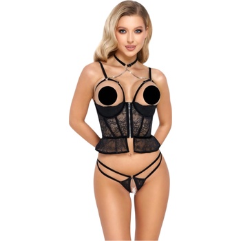 Abierta Fina - отворен стринг и корсет (черен) - L