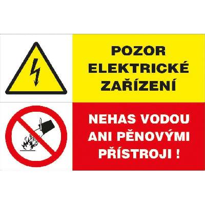 Walteco Pozor, elektrické zařízení/Nehas vodou ani pěnovými přístroji, 80x50mm, samolepka Množství: 1 ks , 20082