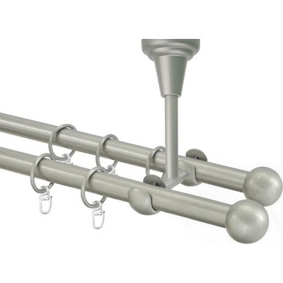 OK-GarnýžeCZ Garnýž kovová dvouřadá 16mm Koule stříbrná mat 390 cm do stropu / kroužky s háčkem