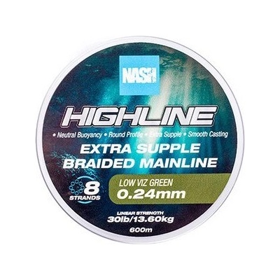 Nash Pletená Šnúra Highline Extra Supple Braid Green 600 m 0,24 mm 13,60 kg