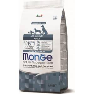 Monge Natural Superpremium All breeds Adult Monoprotein Trout with Rice and Potatoes - пълноценна суха храна за кучета в зряла възраст от всички породи с пъстърва, ориз и картофи - 2, 5 кг, Италия - 1334