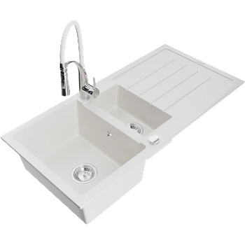 Mexen Andres гранитна мивка 1, 5-камерна с отцедник и кухненски смесител Aster, бял - 6515-20-73450-02 (6515-20-73450-02)