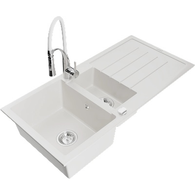 Mexen Andres гранитна мивка 1, 5-камерна с отцедник и кухненски смесител Aster, бял - 6515-20-73450-02 (6515-20-73450-02)