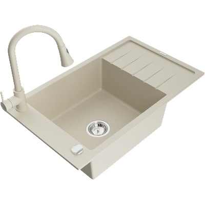 Mexen Elias гранитна мивка с 1 корито с дренаж и кухненски смесител Elia, бежов - 6511-69-670101-69 (6511-69-670101-69)