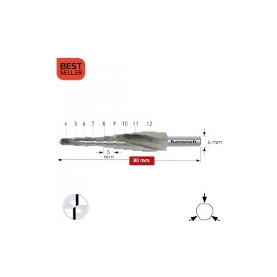 Karnasch Стъпално свредло Ø 4-12 mm (x 5 mm), HSS-XE без покритие, 2x спирален канал, BESTSELLER (201447U)