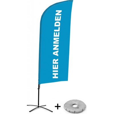 Jansen Display Kompletní sada reklamní vlajky ve tvaru křídla, Přihlášení, modrá, německy Křížová Základna, 1273 x 3030 mm