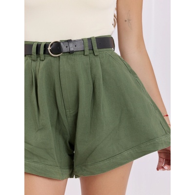 Factory dámske široké rifľové šortky so záhybmi a opaskom khaki