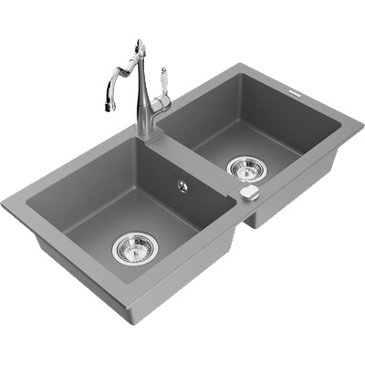 Mexen Mario мивка гранитна с 2 камери с кухненски смесител Carla, сив - 6504-71-670700-00 (6504-71-670700-00)