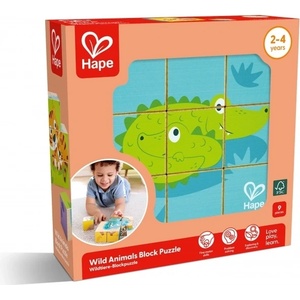 Hape Образователен дървен пъзел с кубчета Hape - Диви животни, 9 части (H1461) - ozone