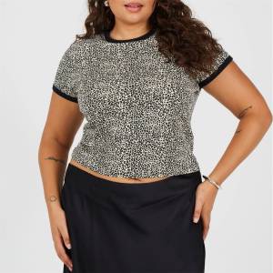 Brave Soul Тениска Brave Soul BS Plus Size Leopard Print T-shirt with Contrast Piping - Leopard/Black