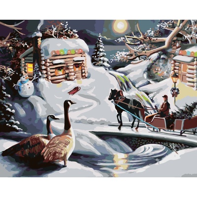 ZUTY Malování podle čísel SANTA SNĚHULÁK SÁNĚ A KACHNY V ZIMĚ D RUSTY RUST Rozměr 80 x 100 cm Rámování bez rámu a bez vypnutí plátna