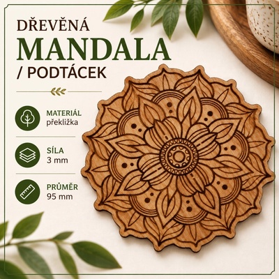ADVIPO dekorace Dřevěná mandala podtácek s gravírovaným květinovým motivem Ø 95 mm