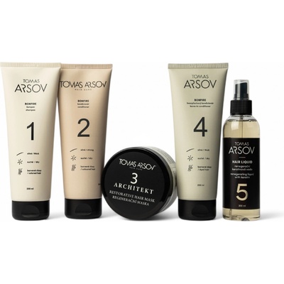 Tomas Arsov Péče o kudrnaté suché vlasy BONFIRE Šampon 250 ml + Oplachový kondicionér 250 ml + Bezoplachový kondicionér 250 ml + ARCHITEKT maska 250 ml + HAIR LIQUID Keratin. voda 200 ml set