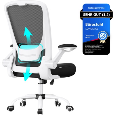 SONGMICS ergonomic office chair, swivel chair with mesh, lumbar support, rocker function, 53 cm seat, folding armrests, study and bedroom, students, black and white OBN37WT
