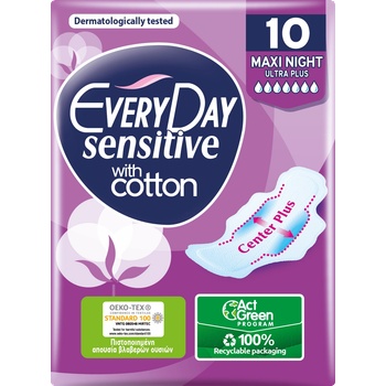 Everyday Sensitive Maxi Night Ultra Plus Дамски превръзки, 10 броя, Everyday